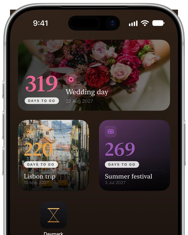 Home Screen widgets: Wedding day in 319 days, Lisbon trip in 220 days and Summer festival in 269 days.