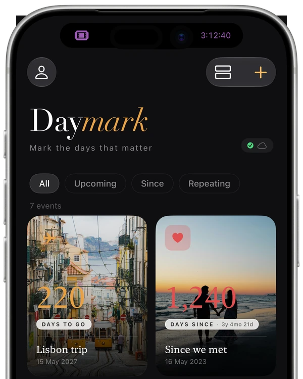 Dynamic Island above the app: a ticket icon and 3:12:40, counting down to tonight's concert.