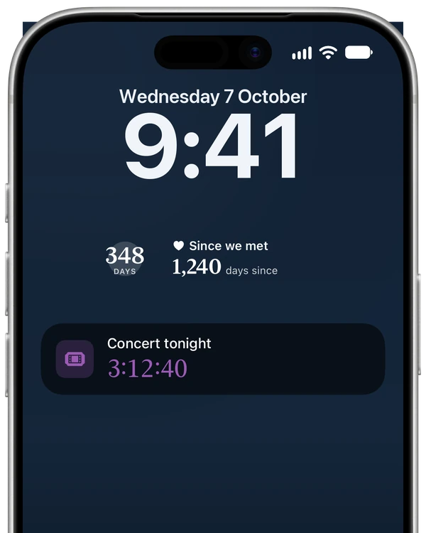 Lock Screen with widgets for the half marathon (348 days) and 1,240 days since we met, and a Live Activity counting down the last 3:12:40 to tonight's concert.