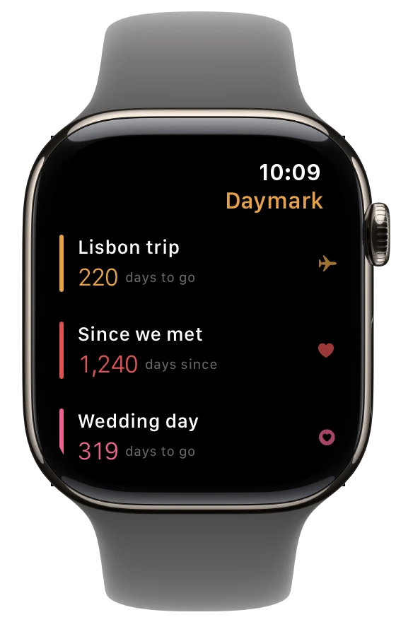 Daymark on Apple Watch: a list of daymarks: Lisbon trip in 220 days, 1,240 days since we met, wedding day in 319 days.